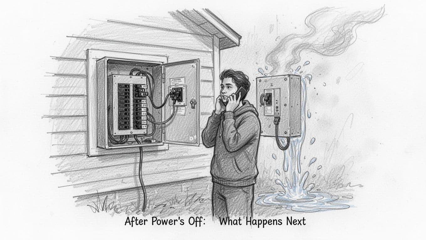 Hand-drawn graphite sketch of one person standing safely outside a house during an emergency, holding a cell phone to ear calling for help, with open breaker panel main switch off visible nearby and subtle smoke at safe distance.