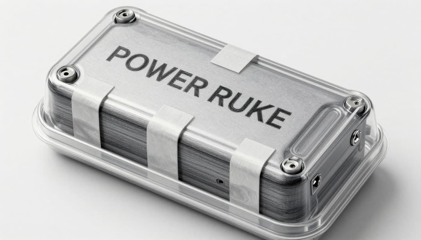 Hand-drawn graphite sketch of a power bank in a protective plastic case with taped terminals, placed in an open carry-on bag, on light gray paper background.