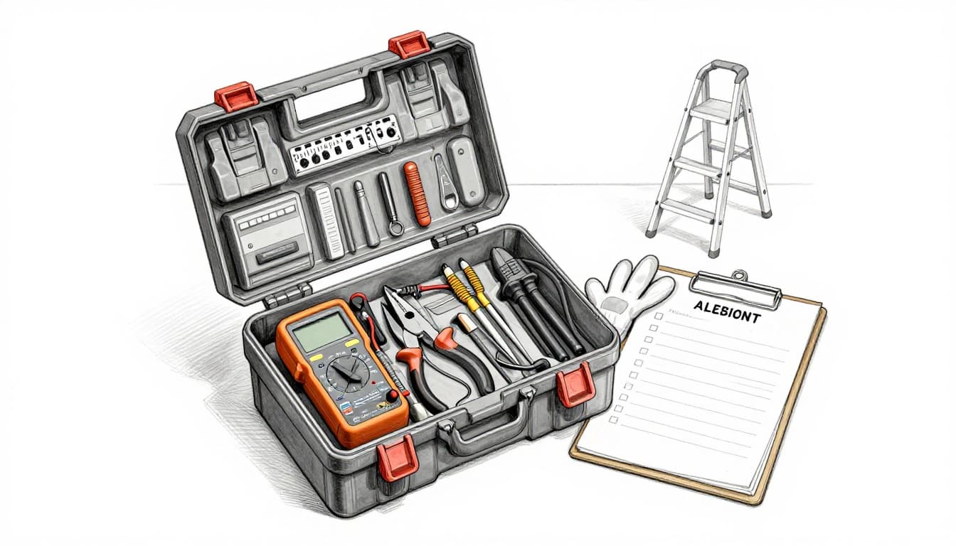 Hand-drawn graphite sketch on white background depicting an open toolbox with insulated pliers, multimeter, voltage tester, wire strippers, gloves, and clipboard checklist on an organized workbench with ladder in background.