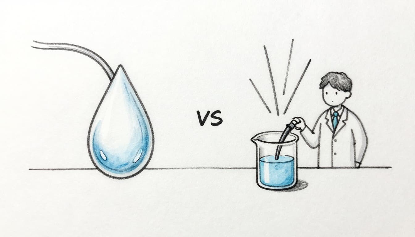 Hand-drawn graphite sketch on white background showing side-by-side: pure water droplet insulating electricity from a wire, and tap water droplet with ions conducting electricity sparking the wire, in simple lab setting with one distant observer in lab coat.