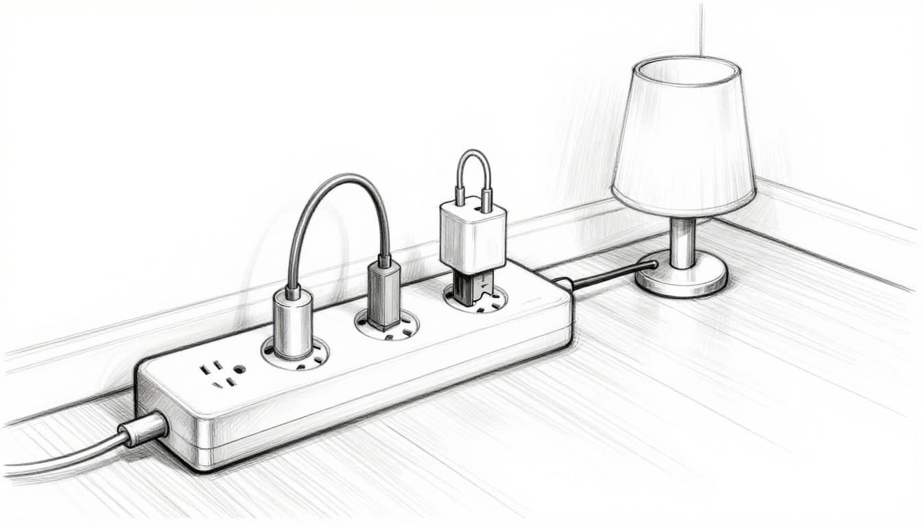 Hand-drawn sketch depicting a power strip plugged directly into a wall outlet, powering one lamp and one charger, viewed from living room floor with graphite linework and light shading on clean white background.
