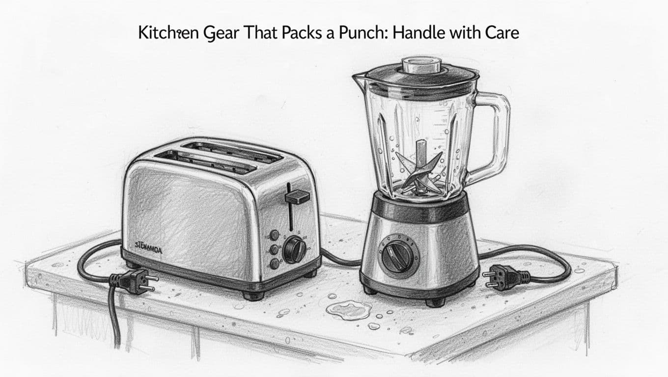 Hand-drawn graphite linework sketch on white paper illustrating safe kitchen appliance use: toaster unplugged on dry counter next to blender with cord unplugged, empty container off for cleaning, blades visible, no liquids or metal nearby.