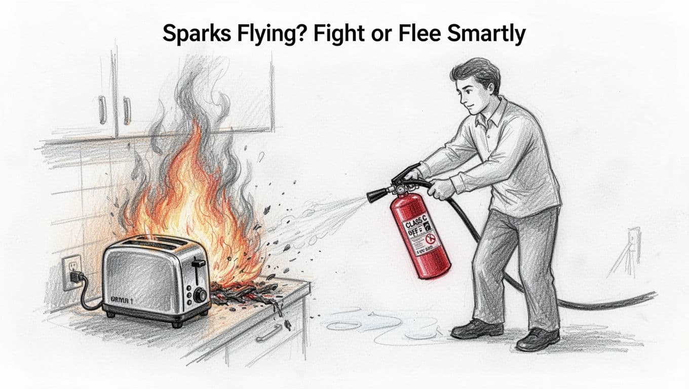 Hand-drawn graphite linework sketch on white paper showing a person using a Class C fire extinguisher on a small electrical fire from a kitchen toaster after power off, at safe distance with no water nearby.
