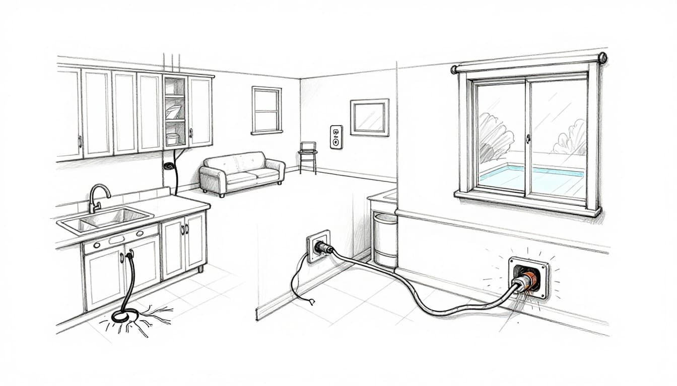 Hand-drawn graphite sketch on white paper showing a typical American home interior with sneaky electrical hazards: frayed cord near kitchen water, overloaded living room outlet, exposed bathroom wiring, and damaged poolside appliance cord; two hazards per area visible from one multi-room angle, simple linework with light shading, no people or color.