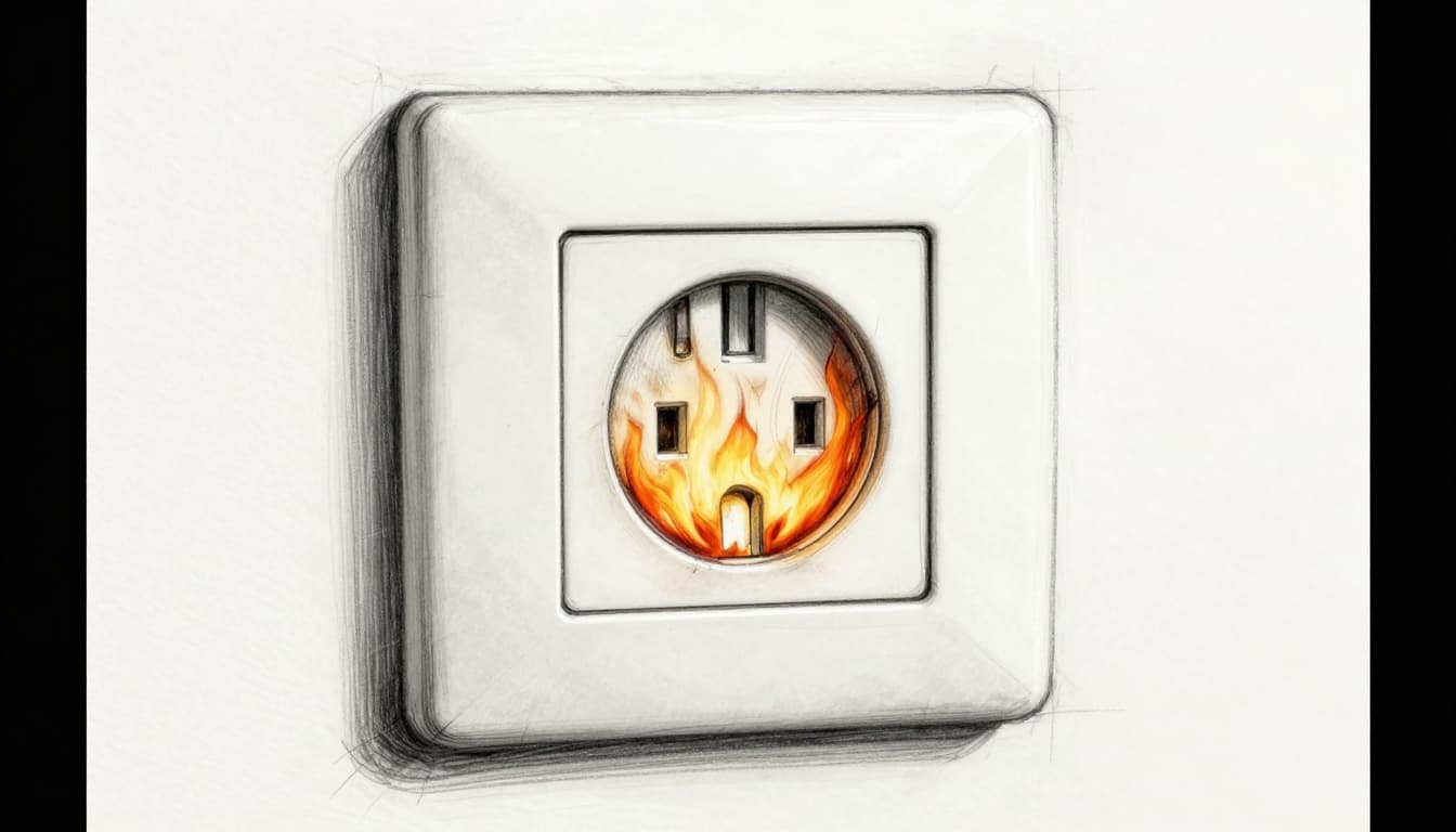 Hand-drawn sketch of a household electrical outlet on a living room wall sparking with small flames starting, close-up composition showing scorch marks, graphite linework with light shading on clean white background, no color fills no text no people no watermarks.