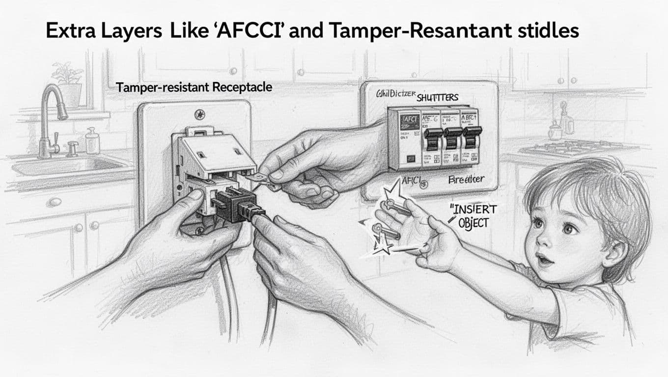 Hand-drawn graphite sketch on white paper showing a tamper-resistant receptacle with child-resistant shutters in a kitchen setting next to an AFCI breaker panel. An adult hand inserts a plug successfully while a child's hand nearby fails, emphasizing safety features with simple linework and light shading.