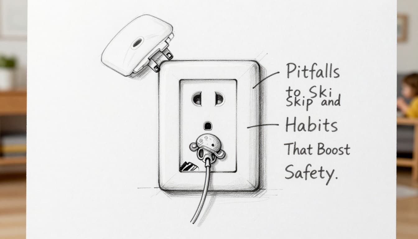 Hand-drawn graphite sketch on white paper showing common electrical outlet hazards like loose plug, open cover, toy nearby, and dangling cord in a living room with furniture and one toddler nearby but not touching.