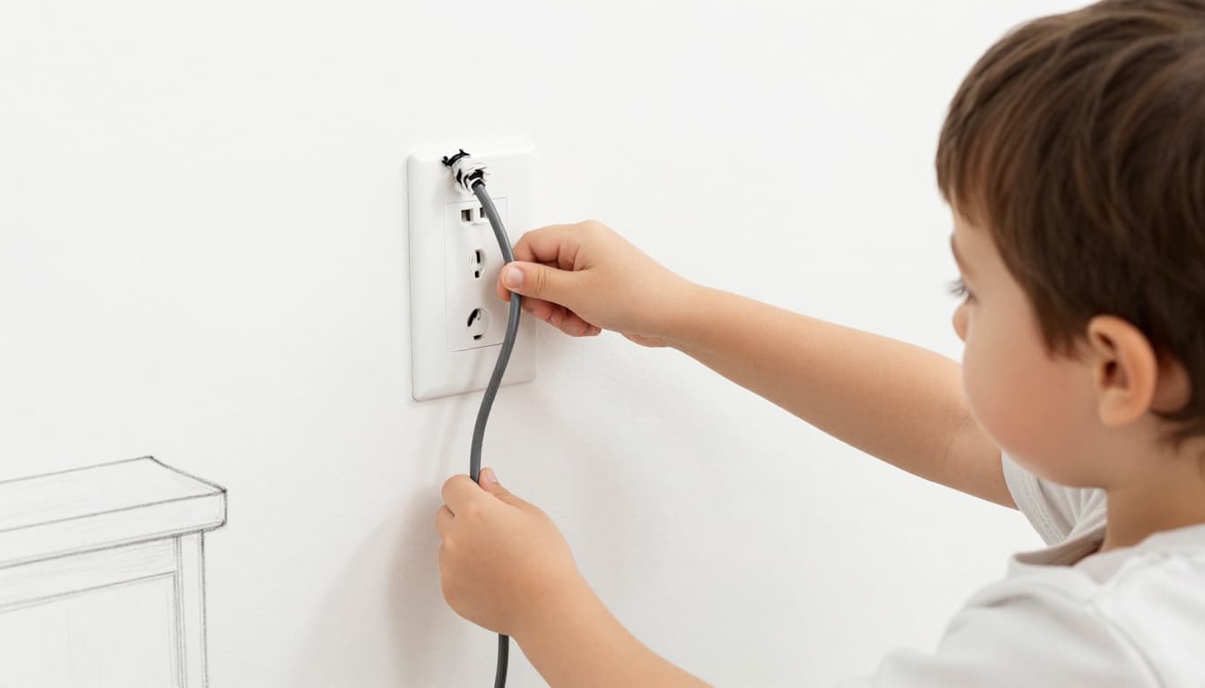 Hand-drawn graphite sketch of a curious toddler reaching for a slightly frayed dangling extension cord near a wall outlet in a simple living room setting. Side view composition with light shading, furniture nearby, on clean white background.