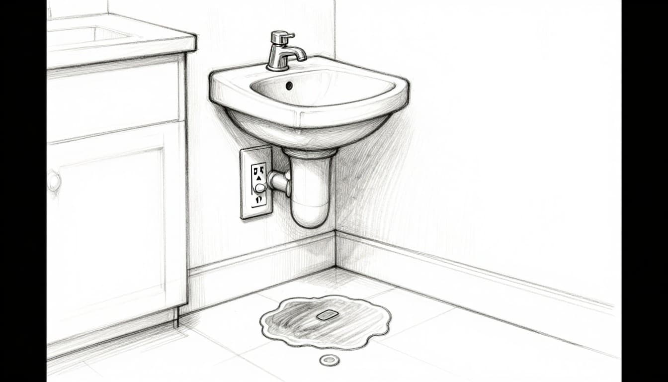 Graphite linework sketch of a bathroom or kitchen sink with water puddle on floor beside a single GFCI outlet, test button pressed with arrow indicating trip, emphasizing electrical shock dangers in wet areas.