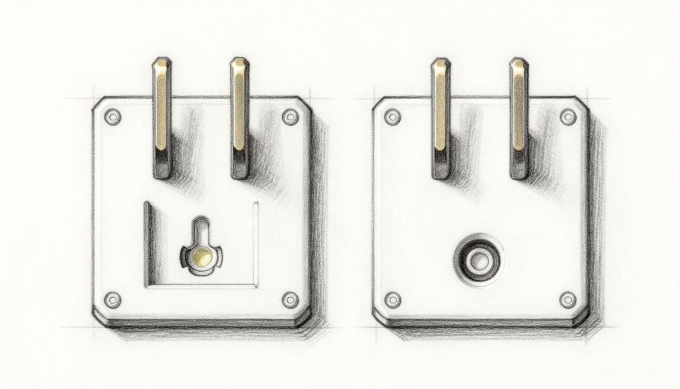 Close-up hand-drawn graphite pencil sketch of Type A (two flat parallel pins, one wider) and Type B (with added round ground pin) electrical plugs side by side on a plain table surface, with light shading and thin linework on clean white paper.