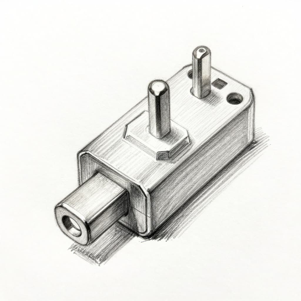 Hand-drawn graphite pencil sketch of a simple ungrounded Type C Europlug featuring two thin round pins close together, shown in a front view slightly angled on white paper with light shading and consistent thin linework.