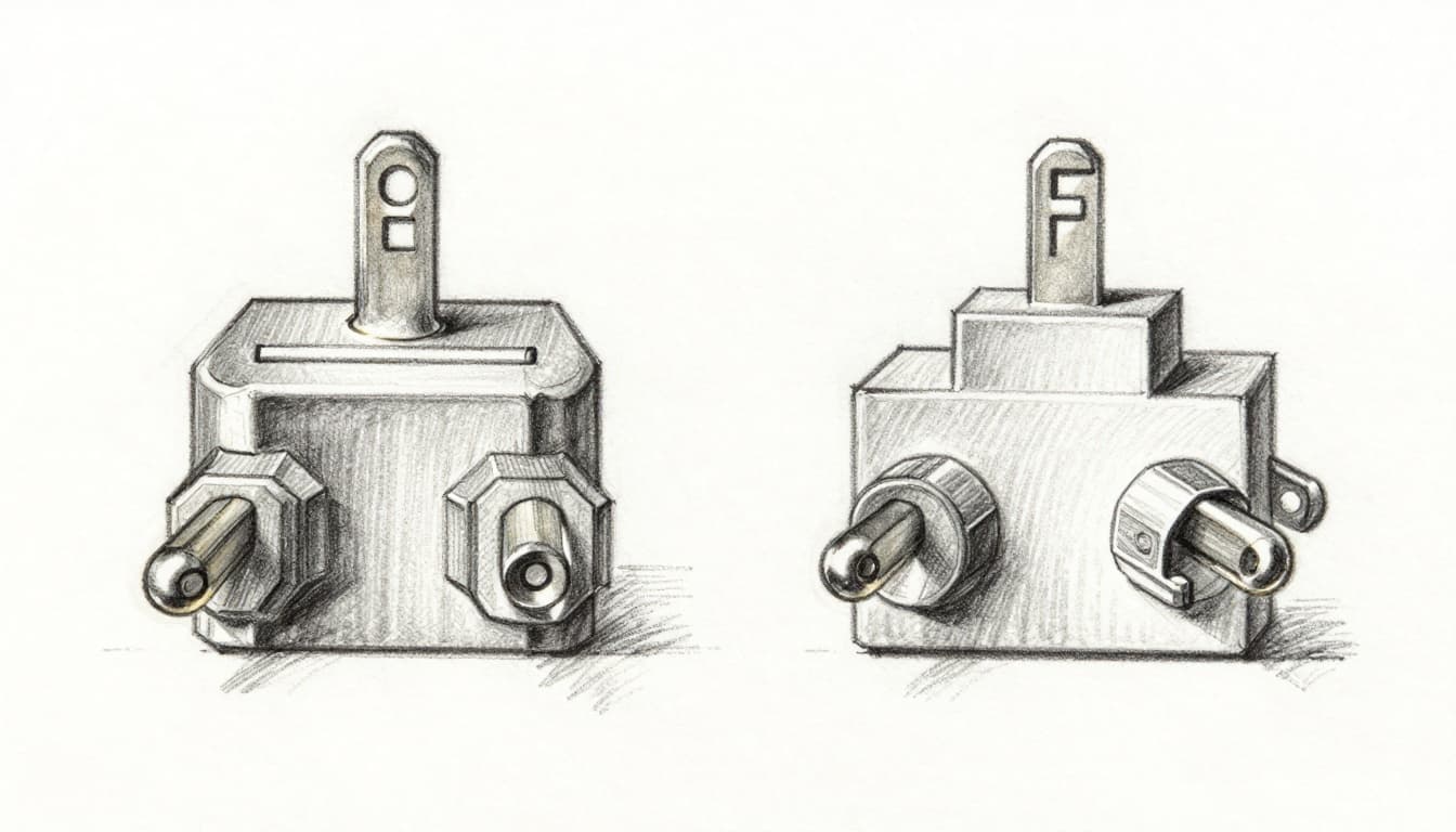 Hand-drawn graphite pencil sketch of Type E plug (two round pins, protruding ground pin) next to Type F Schuko plug (two round pins, side grounding clips), side-by-side top view comparison on white paper background with light shading and thin lines.