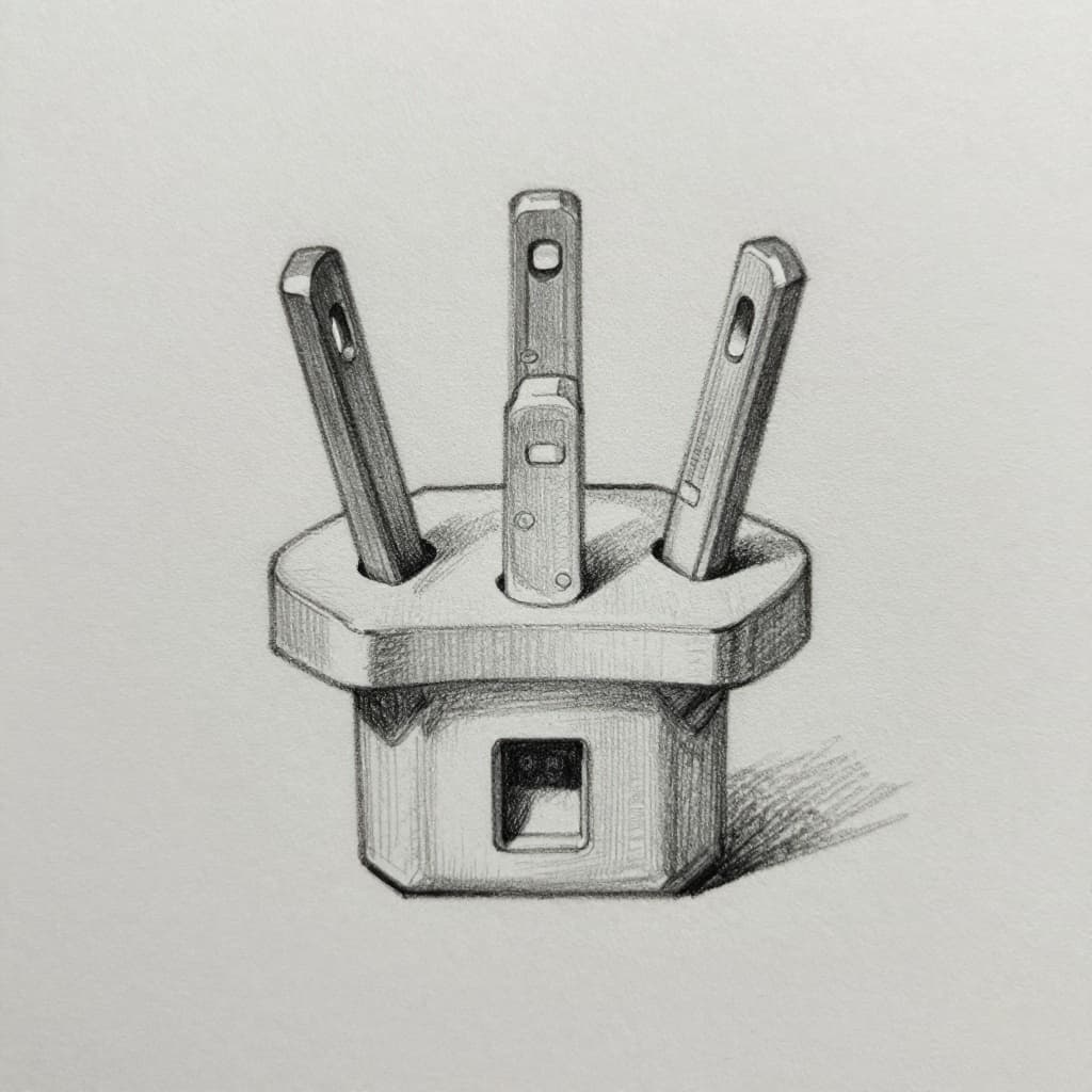 Hand-drawn graphite sketch of a Type G British plug featuring three rectangular pins in triangle formation, with a visible fuse in one pin, detailed front view centered on light gray paper with light shading and consistent line weight.