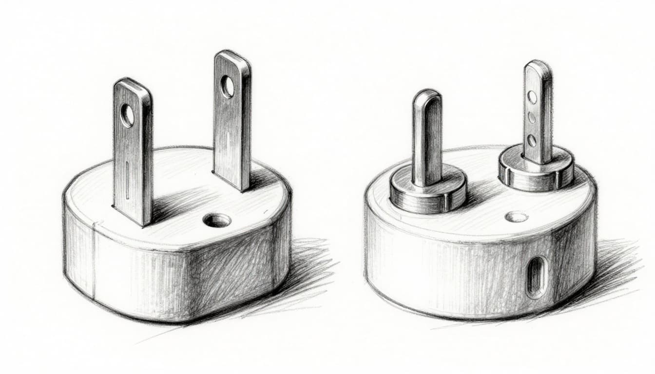 Hand-drawn graphite pencil sketch showing a Type I Australian plug with two angled flat pins and flat ground pin next to a Type N Brazilian plug with round pins, side by side on a clean white background with light shading and thin lines.