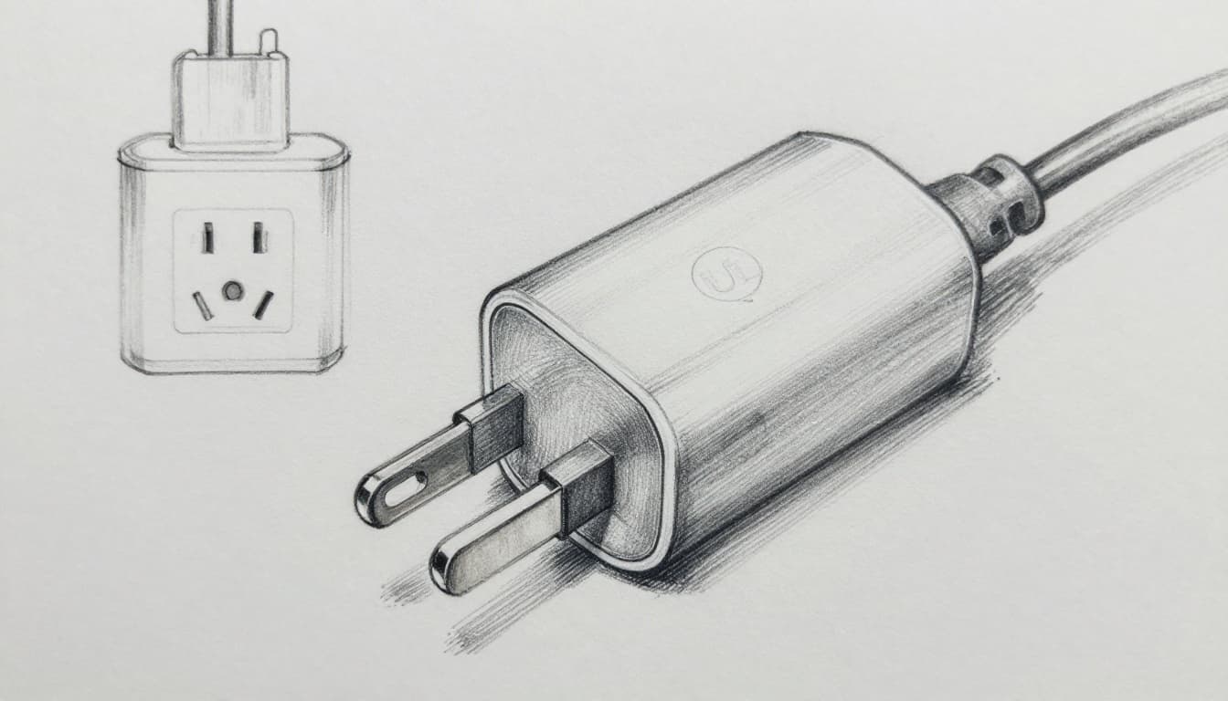 Hand-drawn graphite linework sketch of a wall charger plug close-up, clearly showing the intact UL certification mark on the body, straight undamaged cable, against a light outlet background on clean light gray paper with light shading, no devices, people, text, watermarks, or logos.