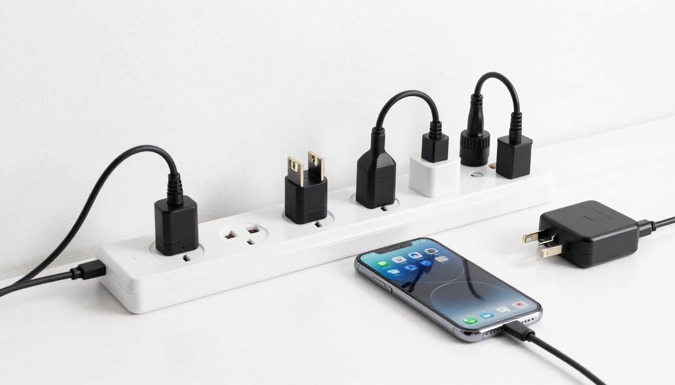 Hand-drawn graphite pencil sketch of a universal travel adapter plugged into a wall socket with two simple devices like phone chargers connected, set on a table with light shading and white paper background.