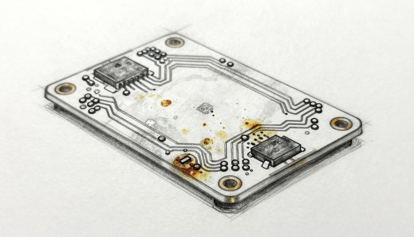 Hand-drawn graphite sketch of a close-up electronics circuit board showing corrosion, rust spots, water residue, and mineral deposits from water damage, with detailed wiring in an angled view under dim lighting on white paper.