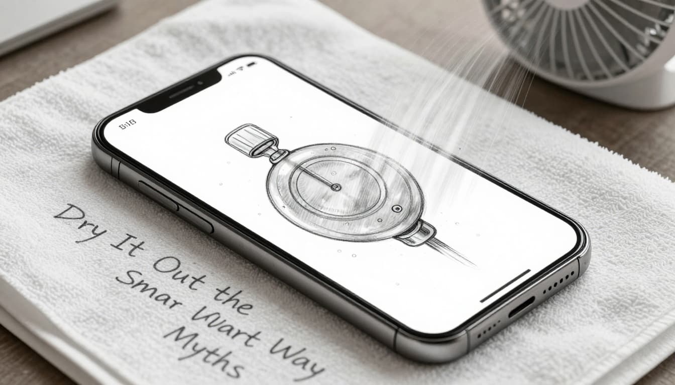 Hand-drawn graphite linework sketch of a wet smartphone on an absorbent towel near a small fan blowing air, top-down view showing proper drying setup.