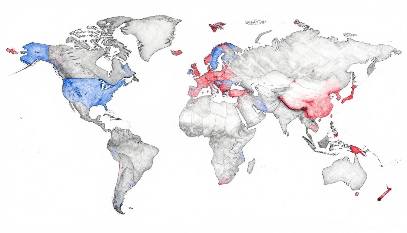 Hand-drawn graphite pencil sketch of a world map dividing low voltage 100-127V regions in blue and high voltage 220-240V regions in red, using simple country outlines with light shading on clean white paper.